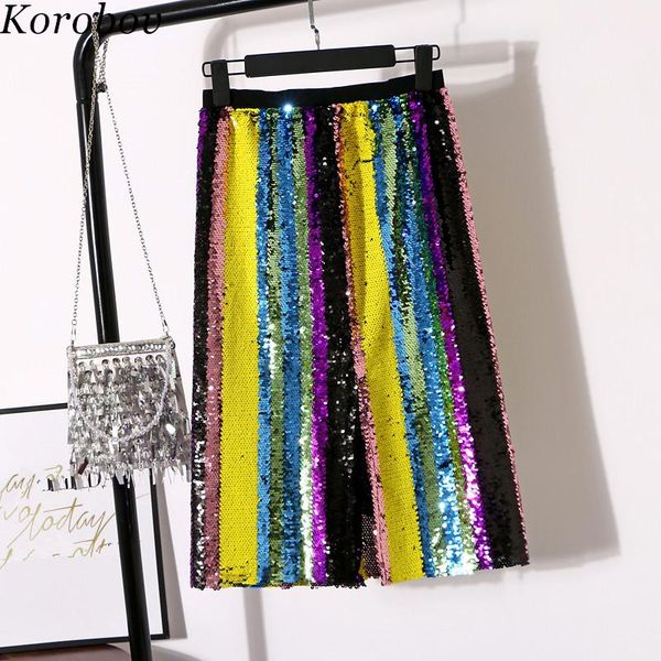 

skirts korobov summer rainbow sequined patchwork skirt contrast color a-line shiny split midi women saia 76840, Black