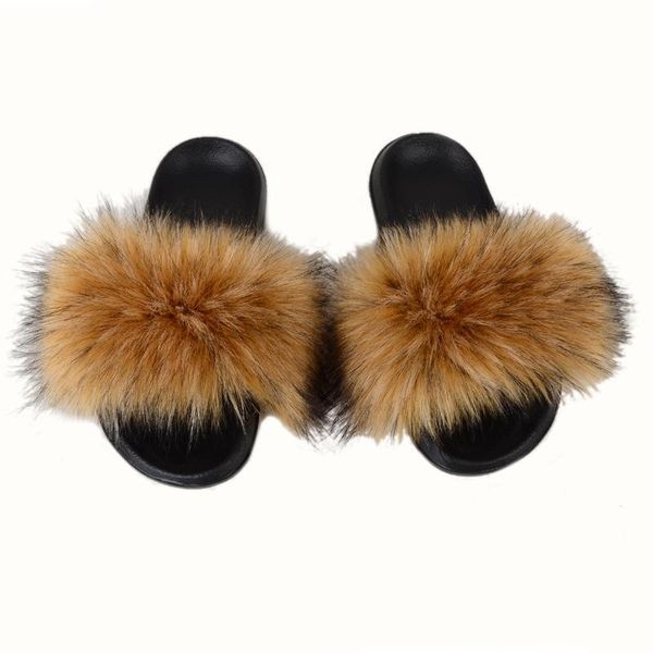 

fluffy faux fur slides women slippers furry raccoon sandals fake flip flops home fuzzy woman casual plush shoes, Black