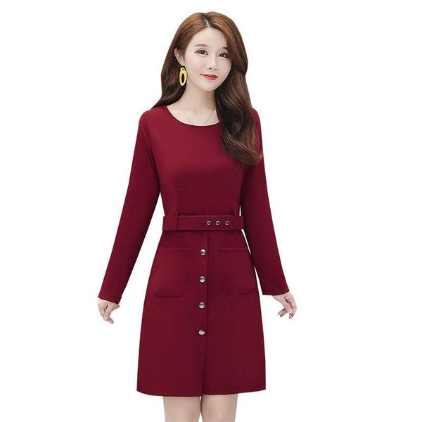 

women's spring autumn style dress slim o-neck button solid color korean elegant 3273 casual dresses, Black;gray