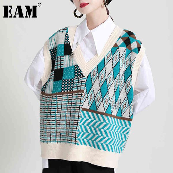 

[eam] women green plaid asymmetrical plaid tank v-collar sleeveless personality fashion spring summer 1dd6653 210512, White