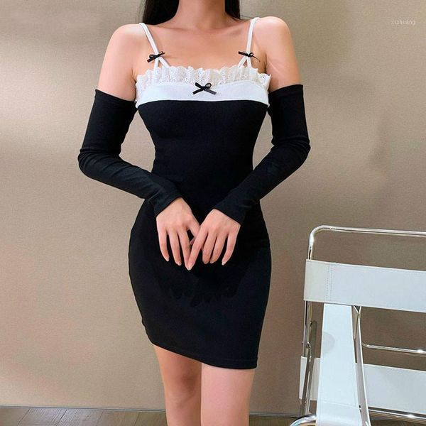 

casual dresses gothic spaghetti straps black dress vintage elegant backless mini women bow bodycon high waist party, Black;gray
