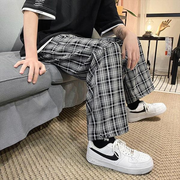 

men's pants 2021 summer thin casual korean trend loose plaid straight high street couples nine sport, Black
