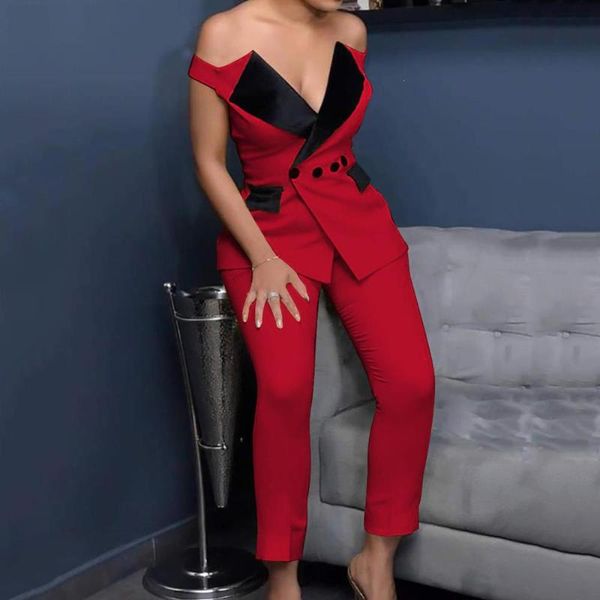 

two piece dress colorblock off shoulder notched collar buttoned blazer and pants sets pockets women office 2 outfits, White
