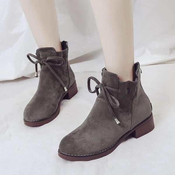 

boots autumn and winter bow british wind student suede women's comfortable wild thick with ankle, Black