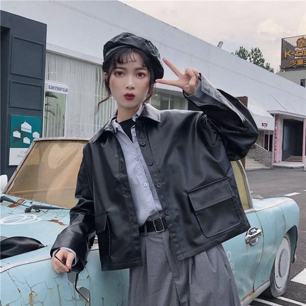 

women's leather & faux hong kong ancient locomotive pu leather coat jacket korean version of the new chic reversion loose pocket s, Black
