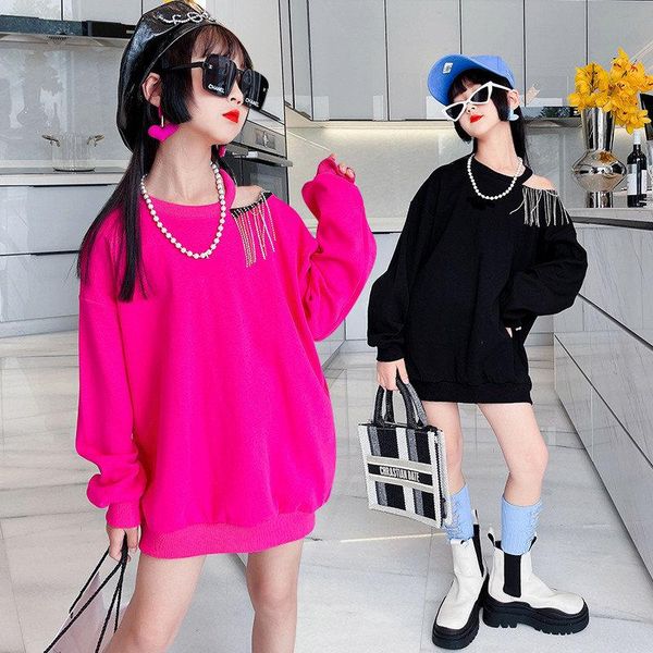 

hoodies & sweatshirts fashion teen girls sweatshirt one off shoulder with tassel long sleeve cotton spring autumn children streetwear clothe, Black