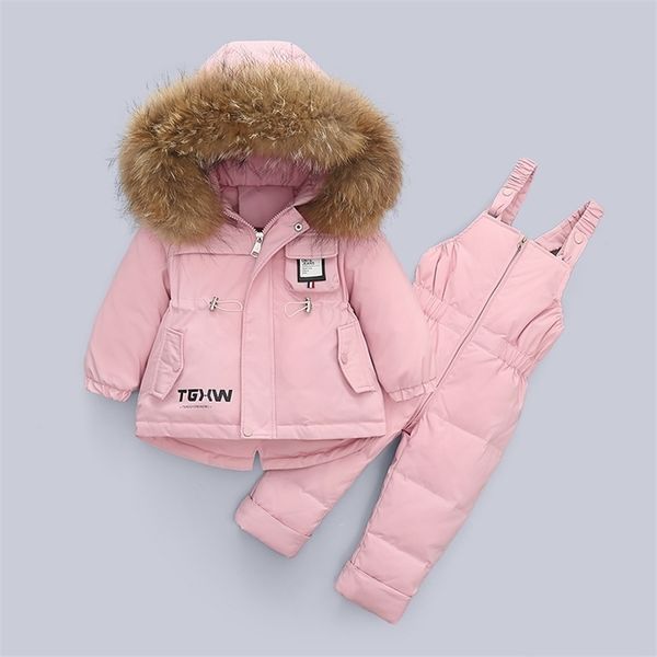 Crianças para baixo jaqueta ternos engrossar crianças crianças inverno meninos meninos casaco genuíno pele de bebê conjunto branco pato 211203