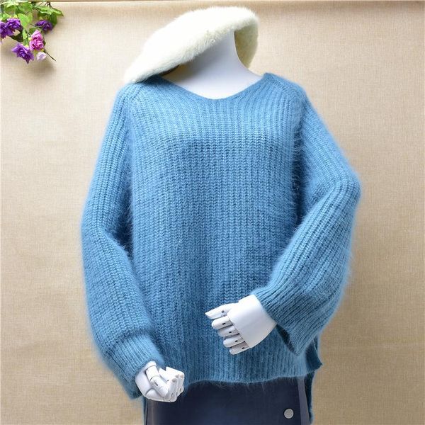 

women's sweaters female women winter warm angora fur thick v-neck seven sleeves slit tail loose knitwear pullover jumper, White;black