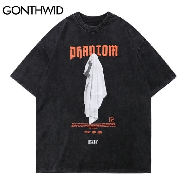 

gonthwid tshirts hip hop distressed middle finger ghost streetwear tees shirts harajuku hipster casual cotton short sleeve 210716, White;black