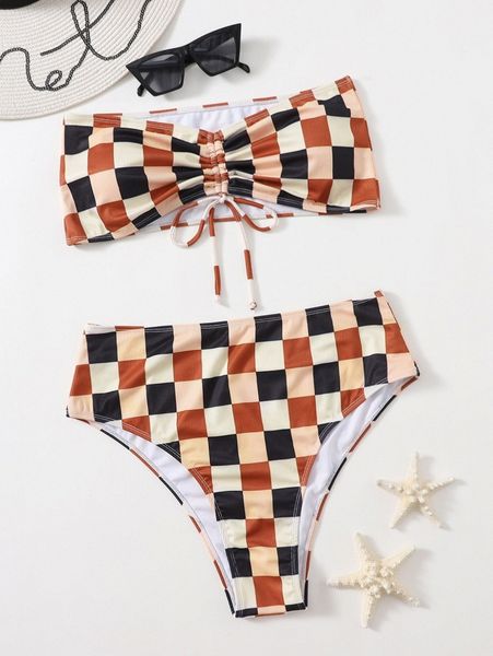 

plus plaid drawstring front bandeau bikini swimsuit w7yd#, Black
