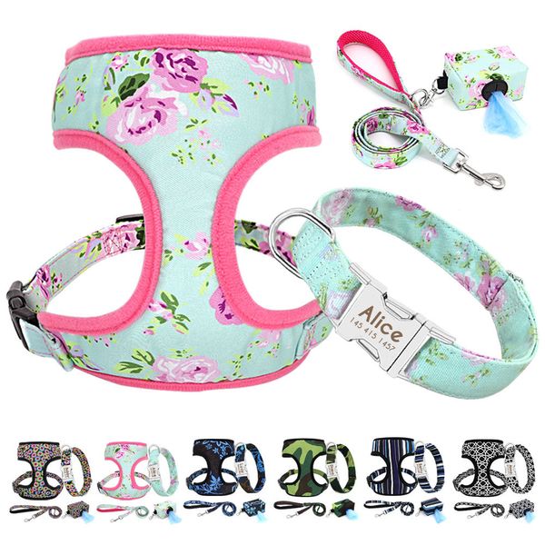 4 pçs / lote personalizado leash harness bolsa de cocô nylon colar de tag personalizado para pequenos cães grandes animais de estimação