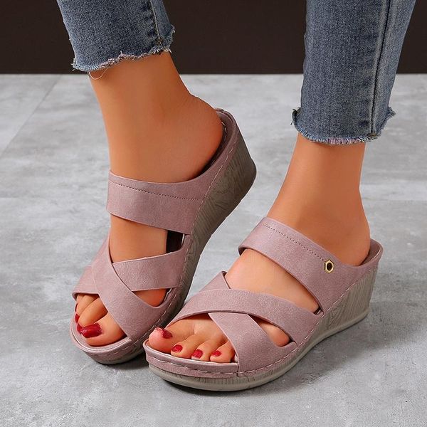 

dress shoes summer women sandals solid color open toe platform retro casual slip on lady wedge slippers female slides footwear fashion 2021, Black