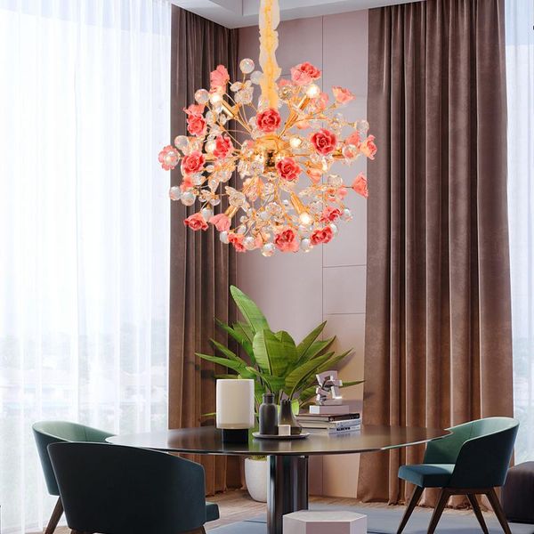 

pink rose pendant chandelier crystal droplight wedding led fixture bedroom furniture lighting dining room g4 lustre cristal chandeliers