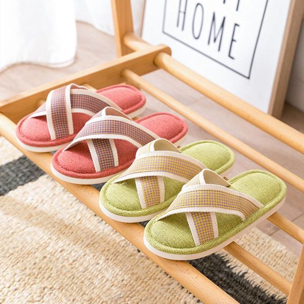 

house cross band women slippers bedroom couples flax shoes spring summer breathable non-slip simplicity ladies slides, Black