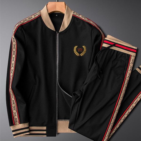 

2 pieces sets tracksuit men new brand jacket sweatshirt+drawstring pants male stripe patchwork zipper-jacket suits, Gray