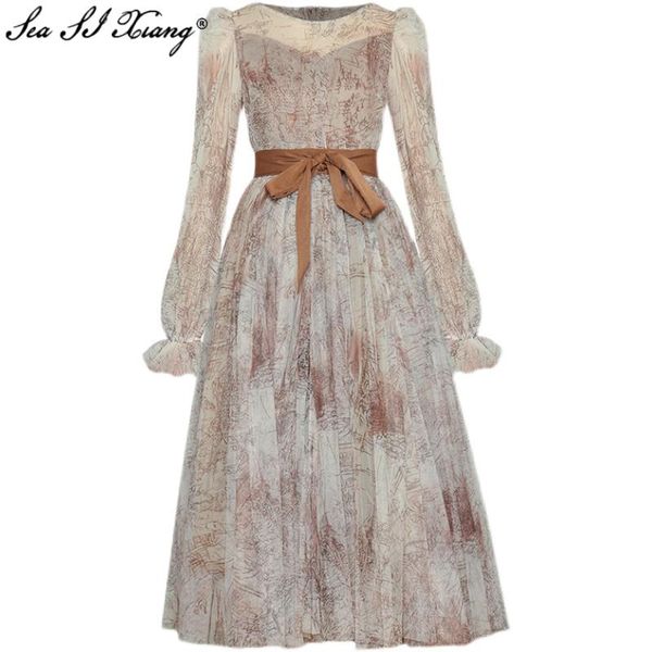 

seasixiang fashion designer spring dress women's lace-up o-neck flare sleeve vintage print mesh dresses casual, Black;gray