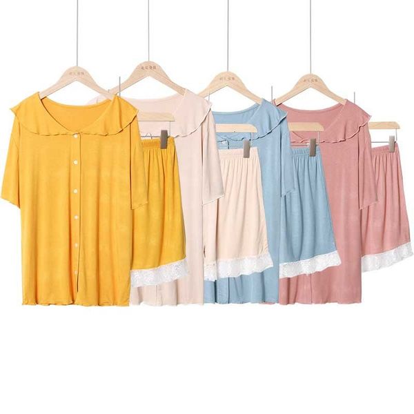 

women's sleepwear summer new ladies pajamas set solid color doll collar comfort modal women lace homewear soft loose casual wear, Black;red