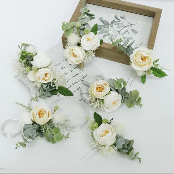 

headpieces white artificial bridal flowers comb groom's boutonnieres corsage wedding guest pins bracelet demoiselle d honneur mariage, Silver