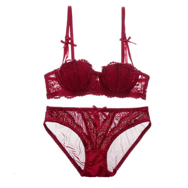 

french half cup thin underwear gathered lace women's bra suit, Red;black