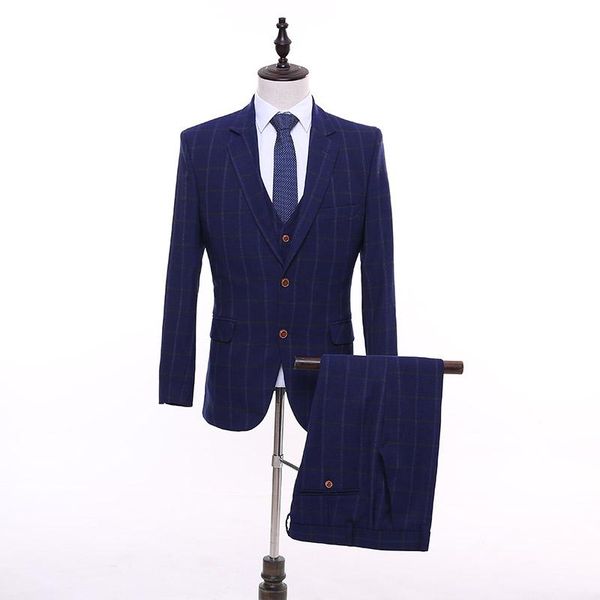 

men's suits & blazers fashion 3pcs wedding groom tuxedos groomsman man party male tailor-made blazer pant vest blue plaid suit, White;black