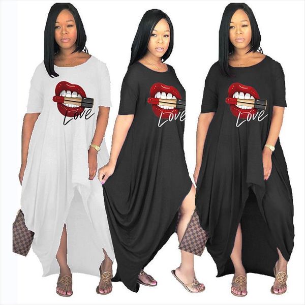 

plus size summer crewneck women dresses short sleeve streetwear irregular casual long wholesale dropshipping, Black;gray