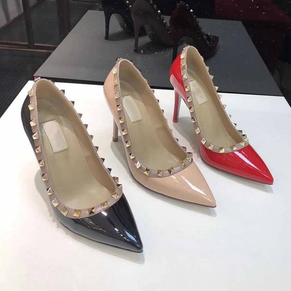 

designer rivets women dress shoes pointed toe cross-tied wedding banquet pumps patent matte real leather 9.5cm high-heeled shoe, Black