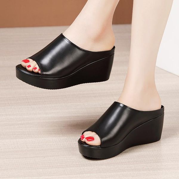 

small plus 32-43 medium heel platform slippers summer shoes woman 2021 open head leather wedges slides casual beach slipper, Black