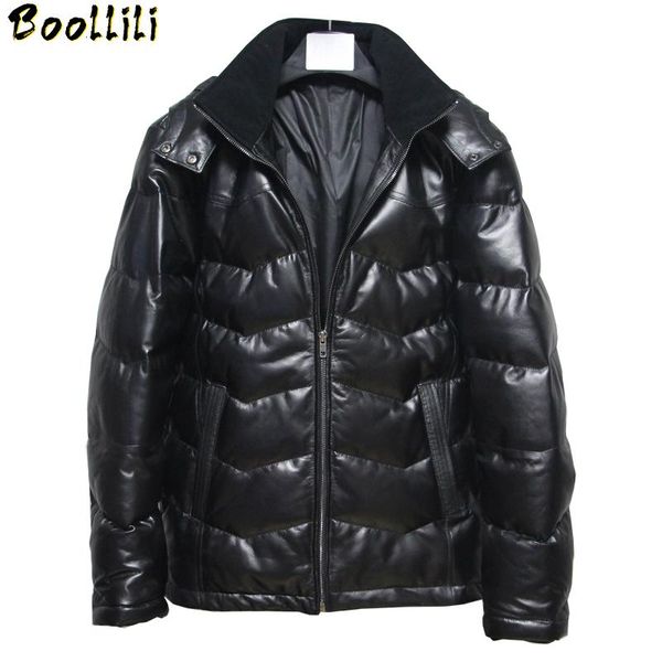 

men's leather & faux boollili sheepskin jacket winter coat men warm genuine lether down jackets plus size hooded leren jas heren, Black
