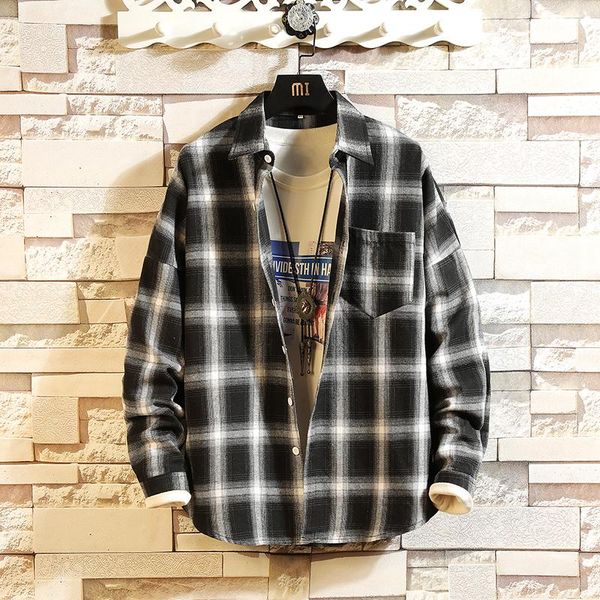 

men plaid shirt slim fit soft spring male pure cotton brand man business casual long-sleeved shirts size 3xl men's, White;black