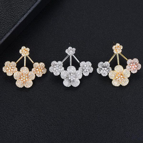 

stud detachable flowers earrings for women girl wedding party jewelry gift brinco charms silver 925 original design fashion, Golden;silver