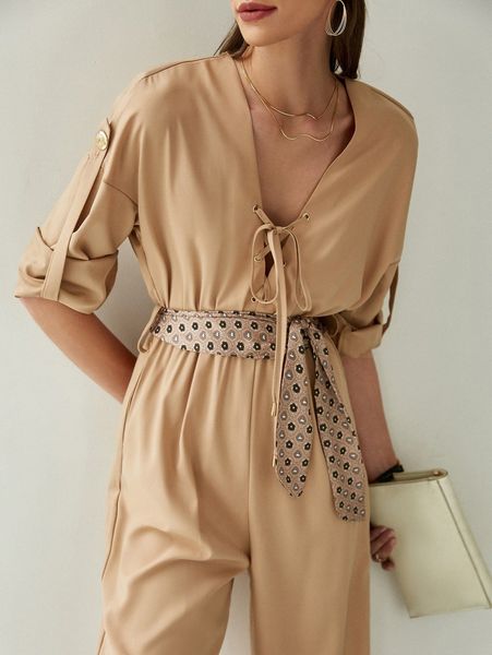 

sollinarry grommet lace up roll tab sleeve belted jumpsuit d3yv#, White