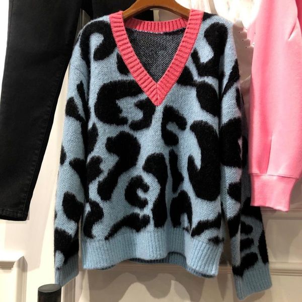 

women's sweaters v neck chic hit color leopard pint sweater fashion tide long sleeve woman autumn winter warm knit pullover, White;black