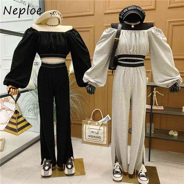 

neploe loose causal slim 2 pcs women set slash neck shoulder strapless long sleeve + high waist hip straight pant solid suit 210423, White