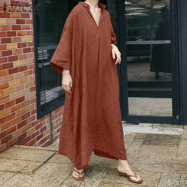 

vintage cotton maxi dress zanzea women autumn v-neck casual loose sundress robe femme solid full sleeve long vestido plus size dresses, Black;gray
