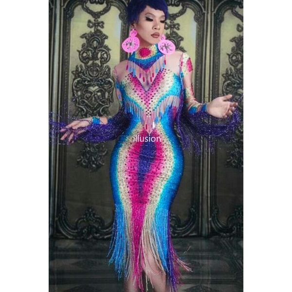 

casual dresses fashion colorful rhinestones fringes dress women evening celebrate elegant party sequin tassel dance costume bodycon, Black;gray