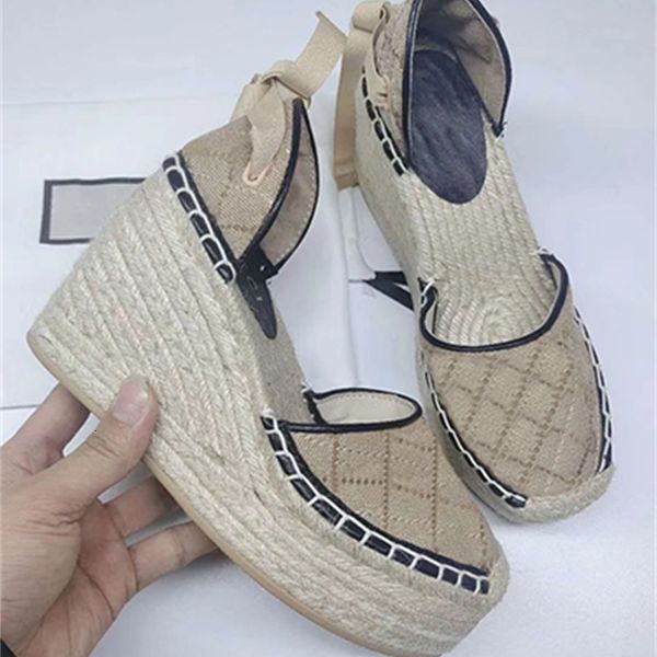 

designer women wedge platform sandals espadrille shoes real leather ankle lace-up matelassÃ© espadrille ladies high heel 12cm with box, Black