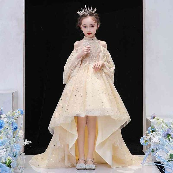 

children's 2021 new wedding dress with short front and long back, White