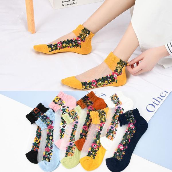 

socks & hosiery summer women girls flowers low tube cotton bottom breathable translucent crystal silk elastic casual stockings, Black;white
