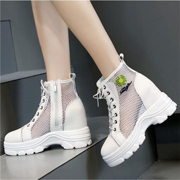 

boots 2021 summer autumn hollow out ankle for women round toe lace up hidden heels shoes female chunky platform breathable boot, Black