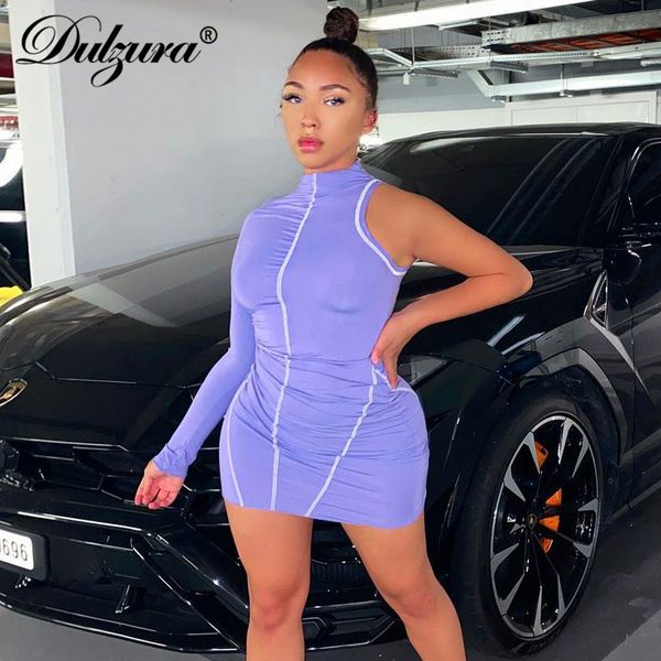 

patchwork women one shoulder mini dress long sleeve o neck bodycon skinny streetwear club fitness sporty casual, Black;gray