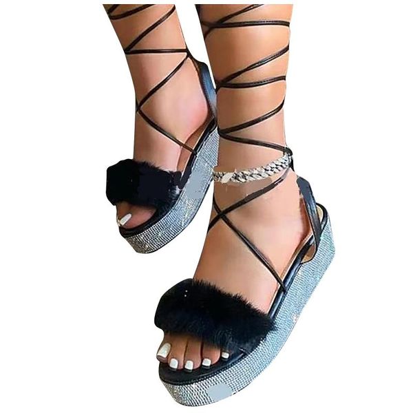 

women gladiator cross tied platform flat summer sandals ladies casual open toe knee high shoes plus size fashion 2021, Black