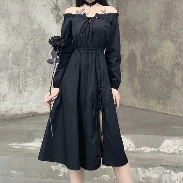 

casual dresses vintage women black gothic off shoulder dress long sleeve hollow out bandage patchwork punk split party femme robe#g3, Black;gray