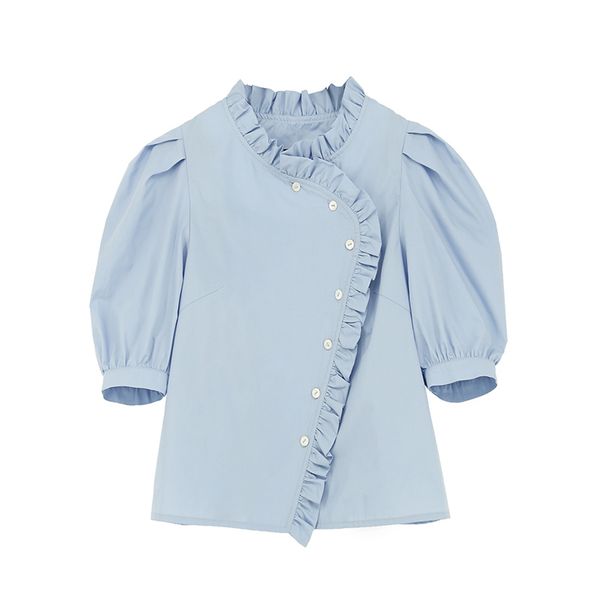 

white blue stand collar solid shirt puff short sleeve button blouse summer casual loose women ruffle b0558 210514