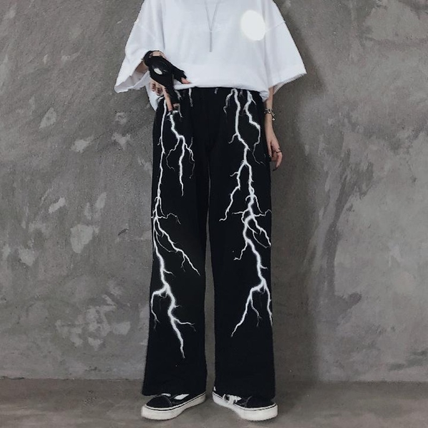 

vintage wide leg pant women spring 2021 fashion gothic pants streetwear black loose punk print trousers women, Black;white