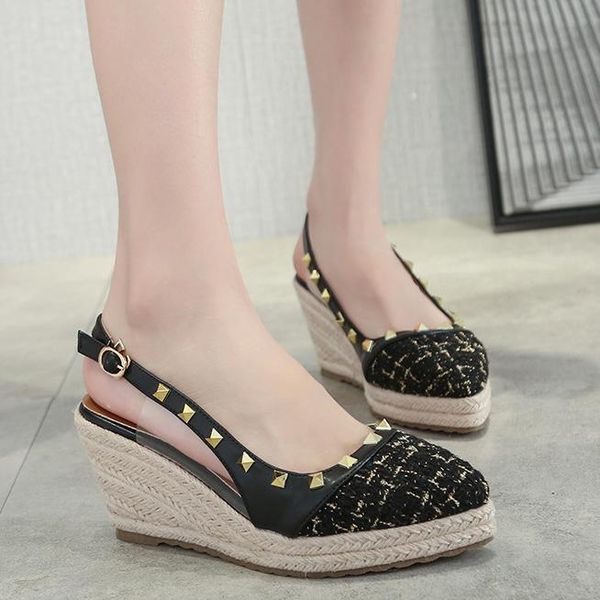 

dress shoes eagsity women wedge pointed toe high heels platform rivet office lady pumps slingback party espadrilles, Black