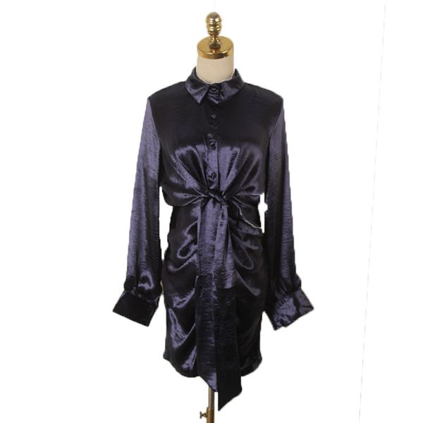 

navy blue apricot turn down collar ruched single-breasted empire lace-up shirt mini dress d2083 210514, Black;gray