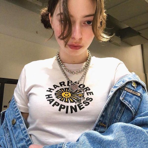 

women's t-shirt cute kawaii streetwear sun smile tshirt cropped hardcore happiness crop short tee women, White