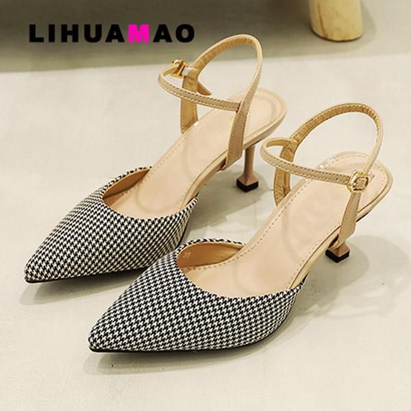 

houndstooth women high heel slingback stiletto heels pumps ankle strap pointed toe party wedding ladies dress shoes sandals, Black