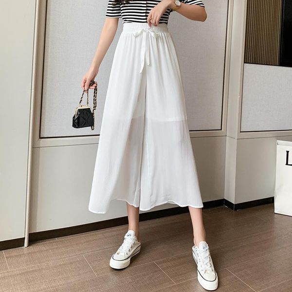 

women's pants & capris thin chiffon wide leg women lace up high waist drop skirt womens, Black;white