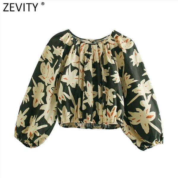 

zevity women tropical leaves floral print short blouse female chic lantern sleeve casual pleats shirt elastic blusas ls9017 210419, White